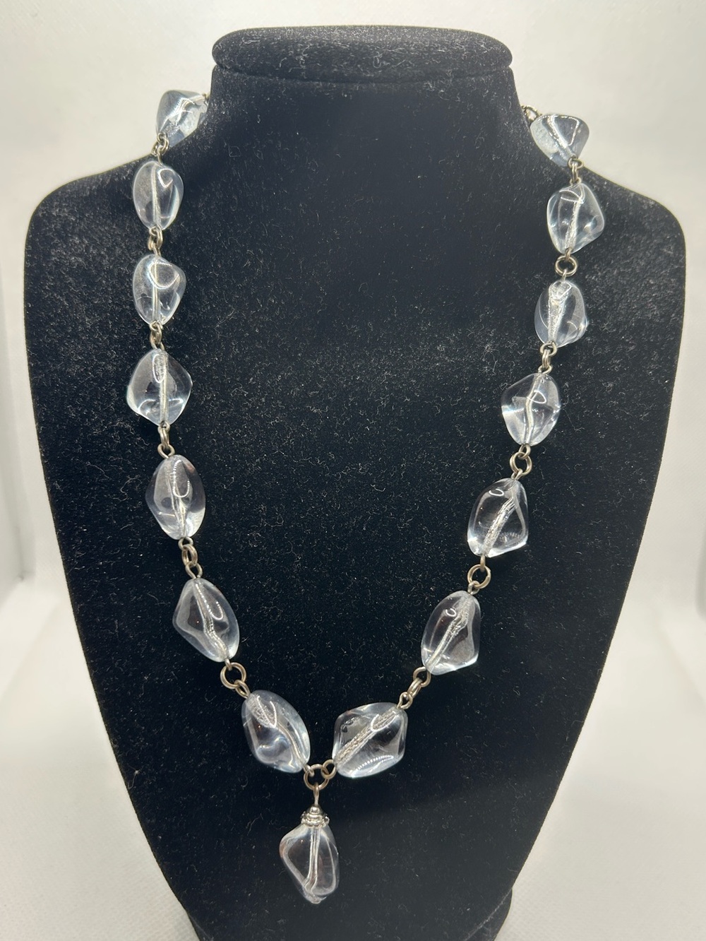 Vintage Mid-Century Molded Glass Tumble Statement Necklace Icy Blue Hue
